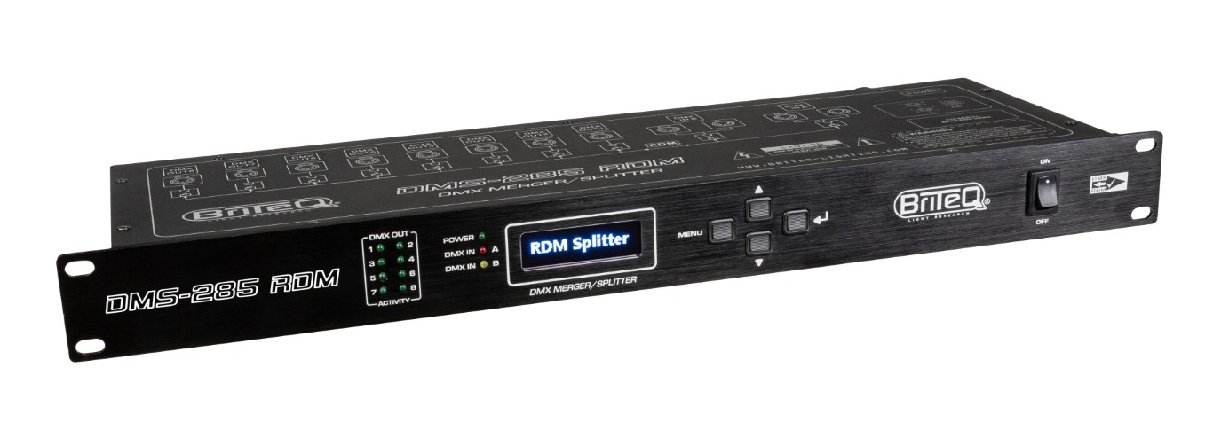 DMX-merger + splitter + booster met RDM-ondersteuning, beveiligt je DMX-installatie door 100% elektrische isolatie tussen 2 ingangen en 8 uitgangen. Uitgerust met XLR-5pin. - DMS-285 RDM