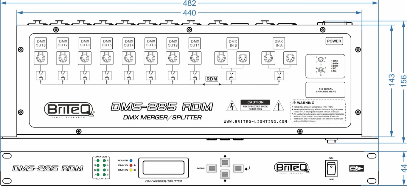 DMX-merger + splitter + booster met RDM-ondersteuning, beveiligt je DMX-installatie door 100% elektrische isolatie tussen 2 ingangen en 8 uitgangen. Uitgerust met XLR-5pin. - DMS-285 RDM