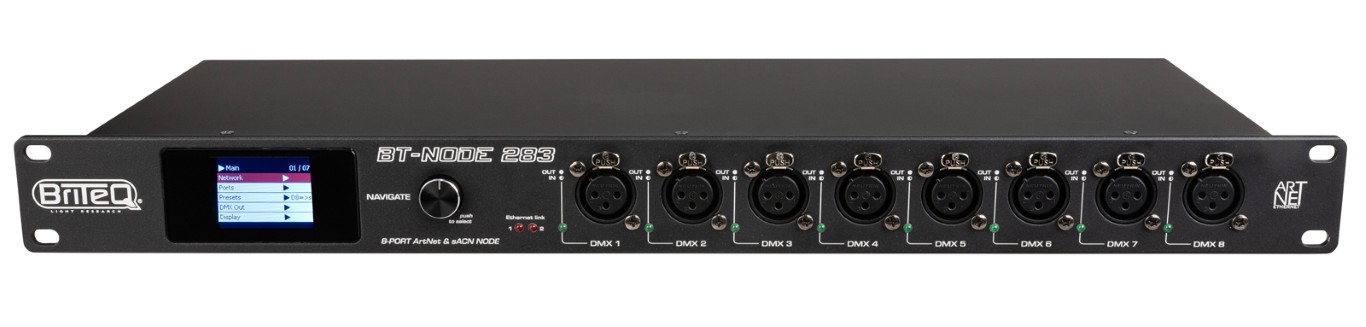Snelle ArtNet- en sACN-node met 8 zeer flexibel configureerbare DMX-poorten via webinterface en/of LCD-display met draaiknop (3-pins XLR) - BT-NODE 283