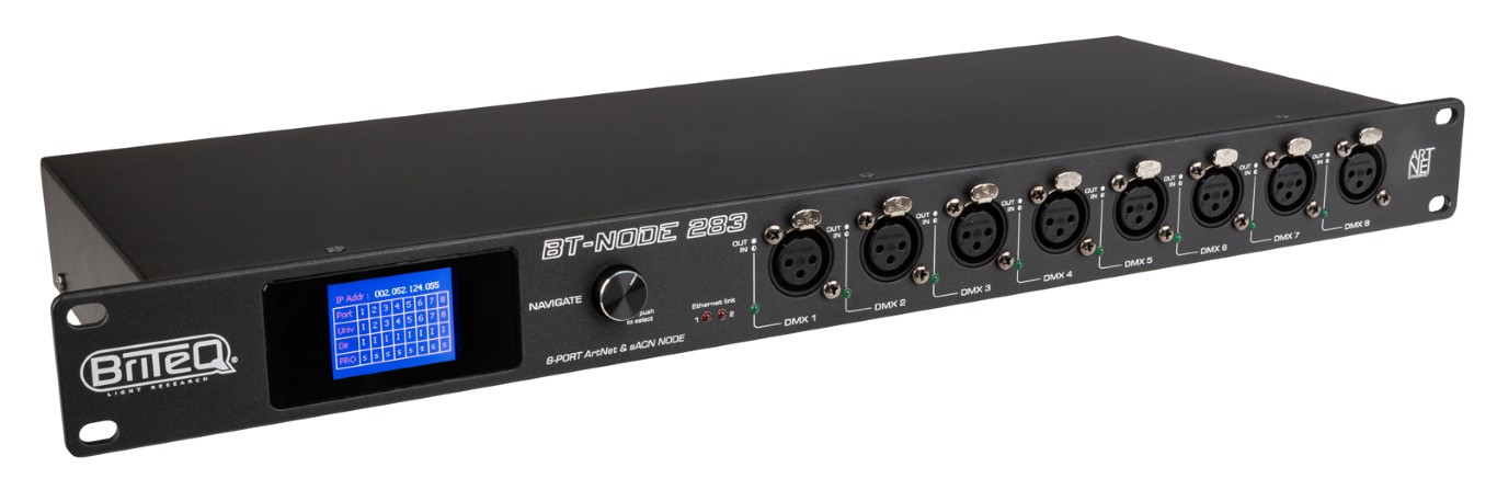 Snelle ArtNet- en sACN-node met 8 zeer flexibel configureerbare DMX-poorten via webinterface en/of LCD-display met draaiknop (3-pins XLR) - BT-NODE 283