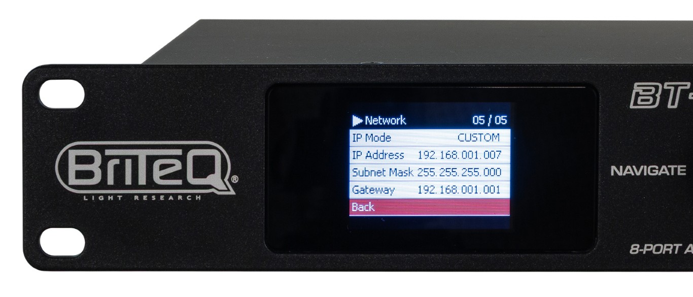 Snelle ArtNet- en sACN-node met 8 zeer flexibel configureerbare DMX-poorten via webinterface en/of LCD-display met draaiknop (3-pins XLR) - BT-NODE 283