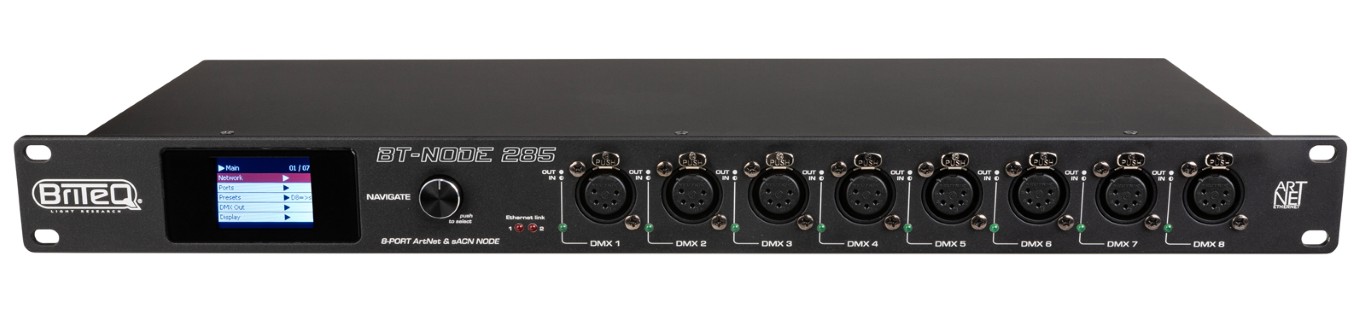 Snelle ArtNet- en sACN-node met 8 zeer flexibel configureerbare DMX-poorten via webinterface en/of LCD-display met draaiknop (5-pins XLR) - BT-NODE 285