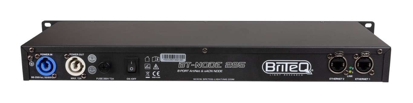 Snelle ArtNet- en sACN-node met 8 zeer flexibel configureerbare DMX-poorten via webinterface en/of LCD-display met draaiknop (5-pins XLR) - BT-NODE 285