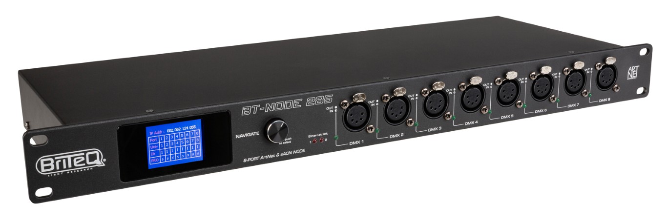Snelle ArtNet- en sACN-node met 8 zeer flexibel configureerbare DMX-poorten via webinterface en/of LCD-display met draaiknop (5-pins XLR) - BT-NODE 285