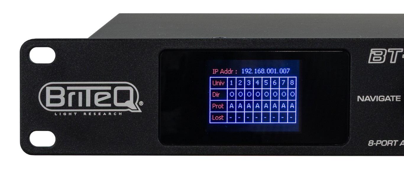 Snelle ArtNet- en sACN-node met 8 zeer flexibel configureerbare DMX-poorten via webinterface en/of LCD-display met draaiknop (5-pins XLR) - BT-NODE 285