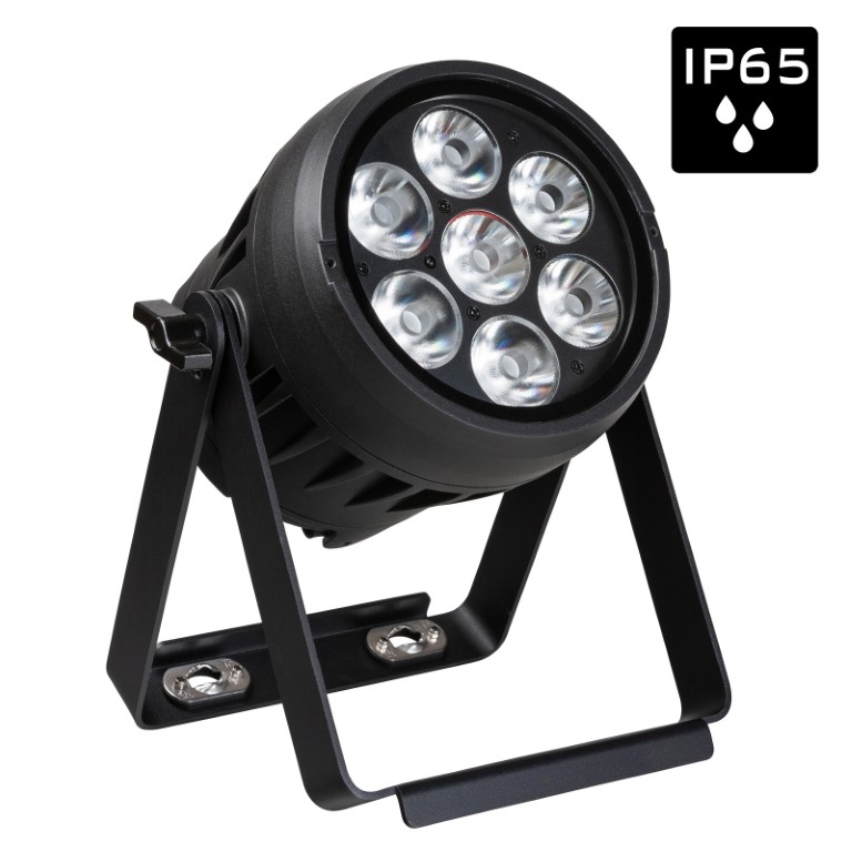 Compacte, krachtige en uiterst veelzijdige batterijgevoede IP65-projector voor buitengebruik, uitgerust met 7x 15W RGBL-LEDs - BTI-AKKUBEAMER
