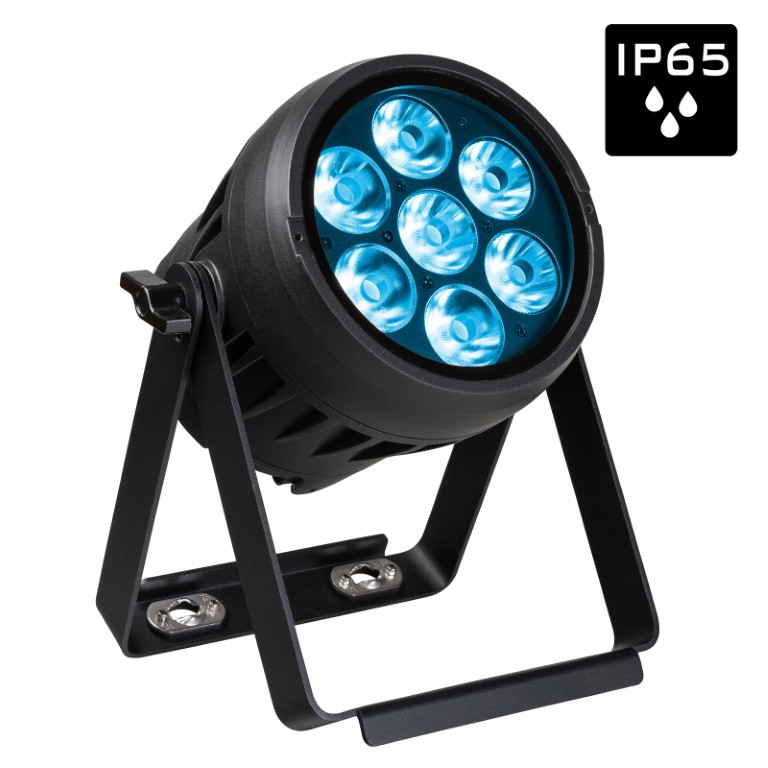 Compacte, krachtige en uiterst veelzijdige batterijgevoede IP65-projector voor buitengebruik, uitgerust met 7x 15W RGBL-LEDs - BTI-AKKUBEAMER