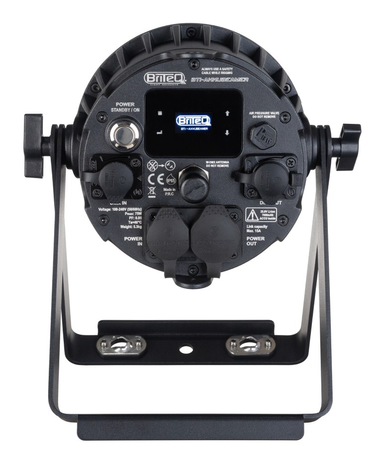 Compacte, krachtige en uiterst veelzijdige batterijgevoede IP65-projector voor buitengebruik, uitgerust met 7x 15W RGBL-LEDs - BTI-AKKUBEAMER