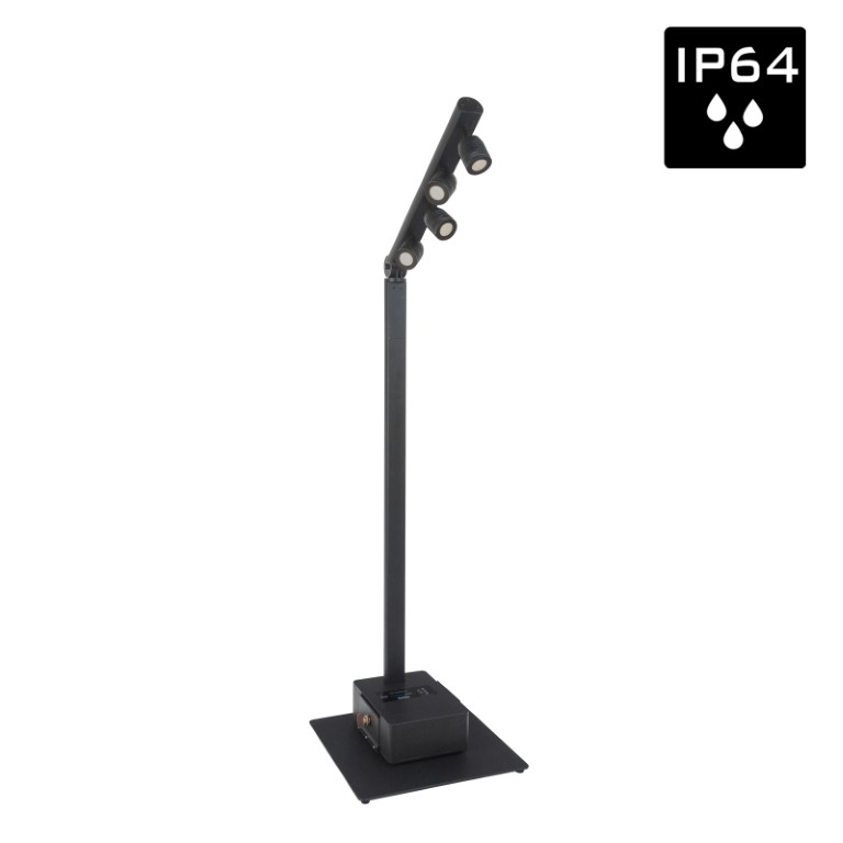 Stijlvolle batterij-gevoede IP64 OUTDOOR 4x 5Watt LED-verlichtingspaal met draadloze DMX, perfect voor het verlichten van tuinfeesten, buffetten, presentatiebalies, enz. - BTI-AKKUPOLE BLACK