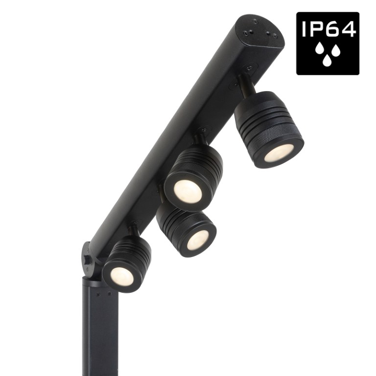 Stijlvolle batterij-gevoede IP64 OUTDOOR 4x 5Watt LED-verlichtingspaal met draadloze DMX, perfect voor het verlichten van tuinfeesten, buffetten, presentatiebalies, enz. - BTI-AKKUPOLE BLACK