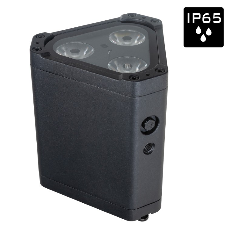 Weerbestendige compacte IP65-projector, uitgerust met 3x 10W RGBL-LEDs en draadloze DMX. Past in elke ALU-truss om deze van binnenuit kleurrijk te verlichten. - BTI-TRUSSLITE