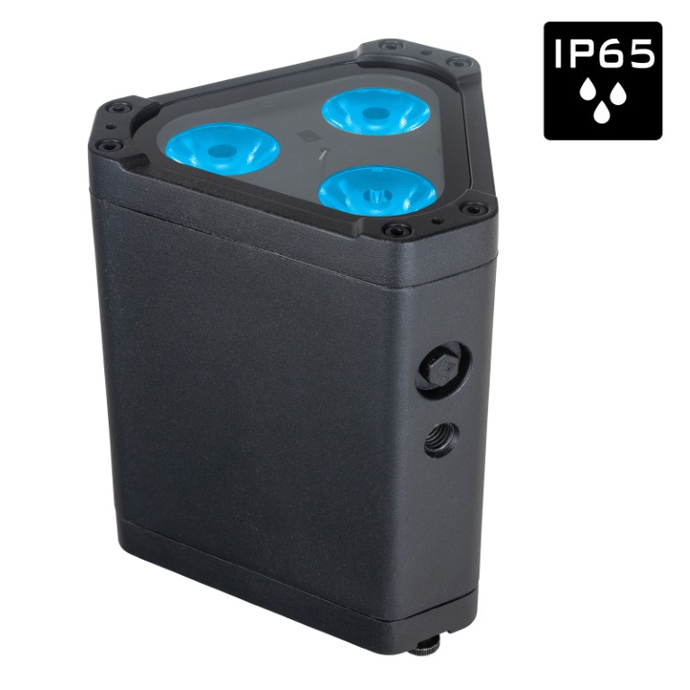 Weerbestendige compacte IP65-projector, uitgerust met 3x 10W RGBL-LEDs en draadloze DMX. Past in elke ALU-truss om deze van binnenuit kleurrijk te verlichten. - BTI-TRUSSLITE
