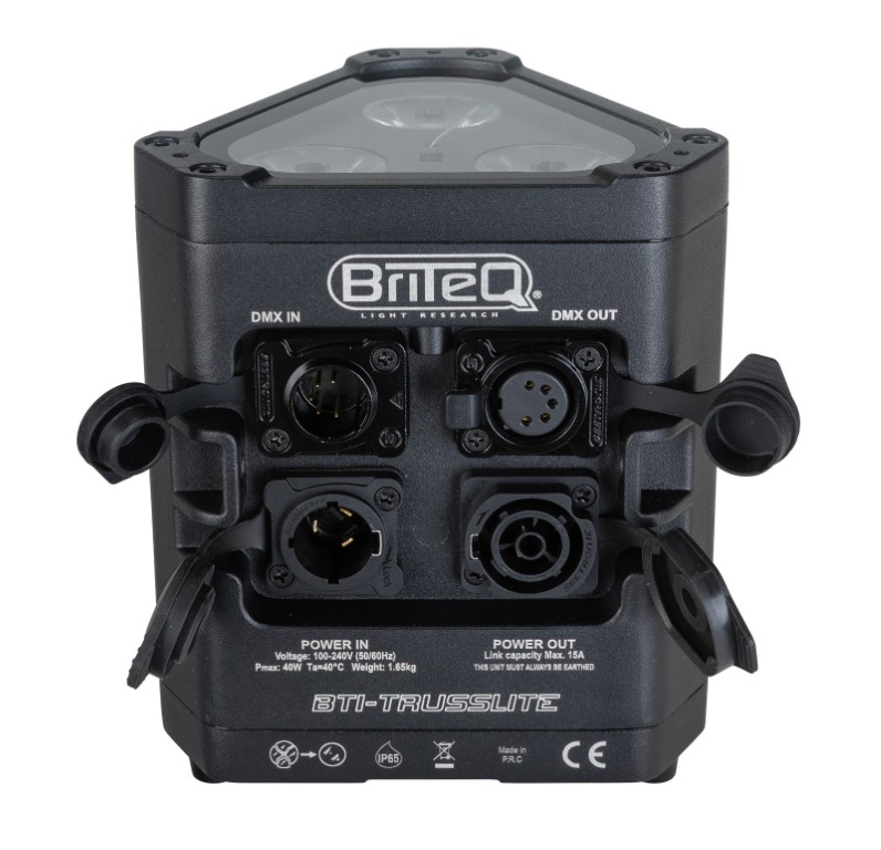 Weerbestendige compacte IP65-projector, uitgerust met 3x 10W RGBL-LEDs en draadloze DMX. Past in elke ALU-truss om deze van binnenuit kleurrijk te verlichten. - BTI-TRUSSLITE