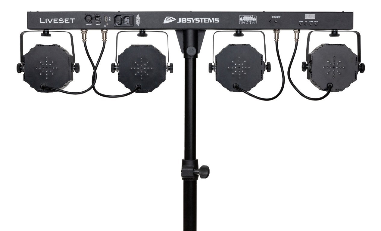 Een complete kant-en-klare licht set voor al uw evenementen en feesten: een compacte 4BAR, draadloze voetcontroller, lichtstatief en draagtassen - LIVESET 2