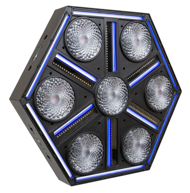 Indrukwekkend hexagonaal multi-effect armatuur, dat krachtige blinders combineert met pixelgestuurde stroboscoop en RGB-lijnen om verbazingwekkende effecten te creëren. Ontwikkeld voor gebruik op concertpodia, tv-studio's, ... - BTX-SKYRAN