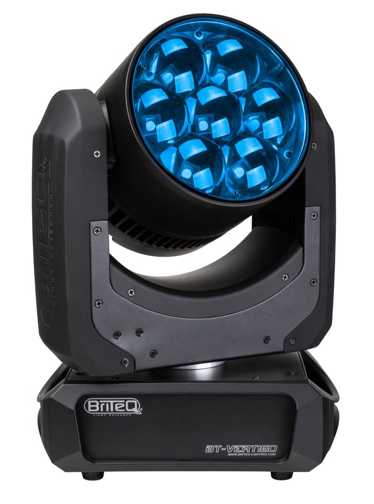 Compacte moving wash uitgerust met 7x60W RGBL LED's, extreem snelle pan/tilt/zoom-bewegingen en groot zoombereik van 4°-70° - BT-VERTIGO