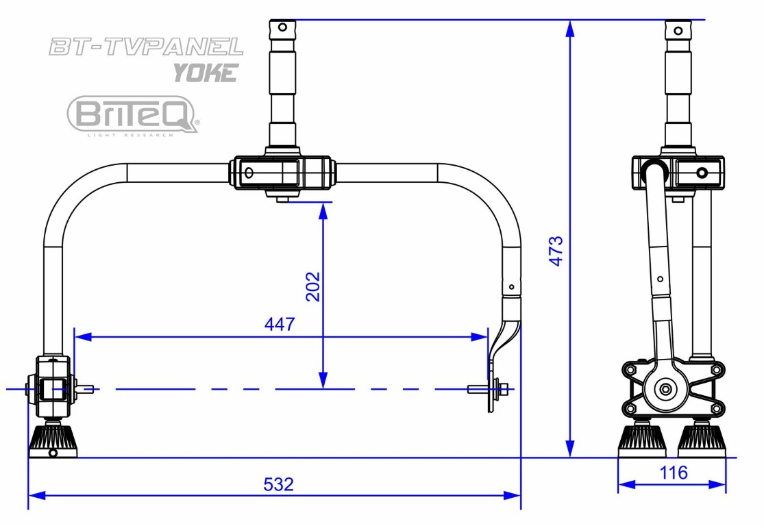 Voor eenvoudige en snelle uitlijning van de BT-TVPANEL in hoge TV-studio's kan de standaard ophangbeugel worden vervangen door deze optioneel verkrijgbare BT-TVPANEL YOKE - BT-TVPANEL YOKE