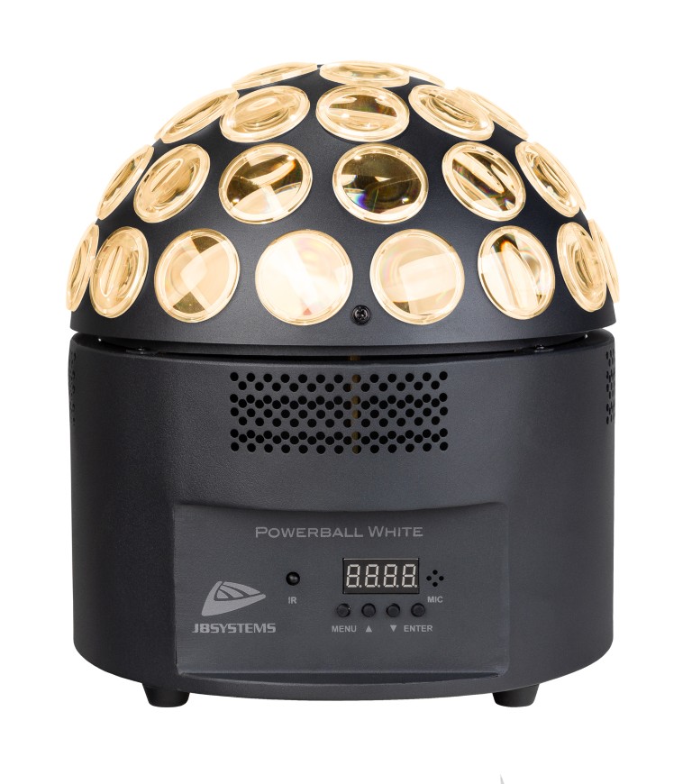 Krachtig 200W LED alternatief voor de klassieke spiegelbol met pinspots! DMX-gestuurde koud- en warmwitte ronddraaiende stralen. - POWERBALL WHITE