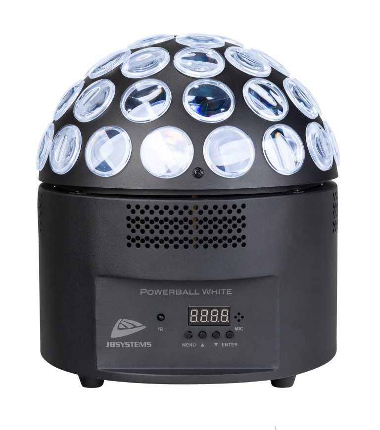 Krachtig 200W LED alternatief voor de klassieke spiegelbol met pinspots! DMX-gestuurde koud- en warmwitte ronddraaiende stralen. - POWERBALL WHITE