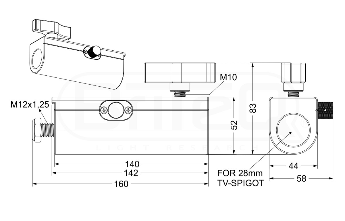 Deze speciale adapter maakt het mogelijk om eenvoudig een standaard klem aan te sluiten op apparatuur met 28mm TV-SPIGOT. - TV-SPIGOT RECEIVER
