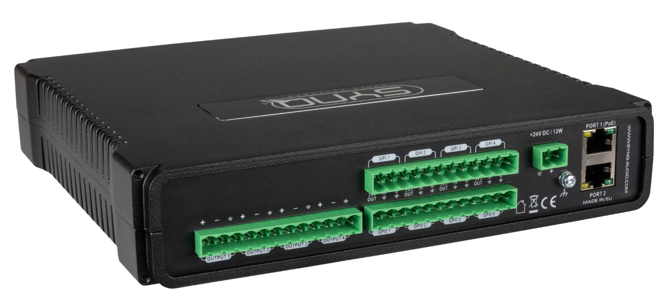Hoogwaardige analoge / DANTE®-netwerkaudiobrug met AES67-ondersteuning voor vaste installatie met 4 analoge uitgangen en GPIO-poorten - DBI-04
