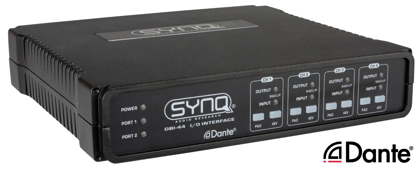 Hoogwaardige analoge / DANTE®-netwerkaudiobrug met AES67-ondersteuning voor vaste installatie met 4 analoge in- en uitgangen en GPIO-poorten - DBI-44