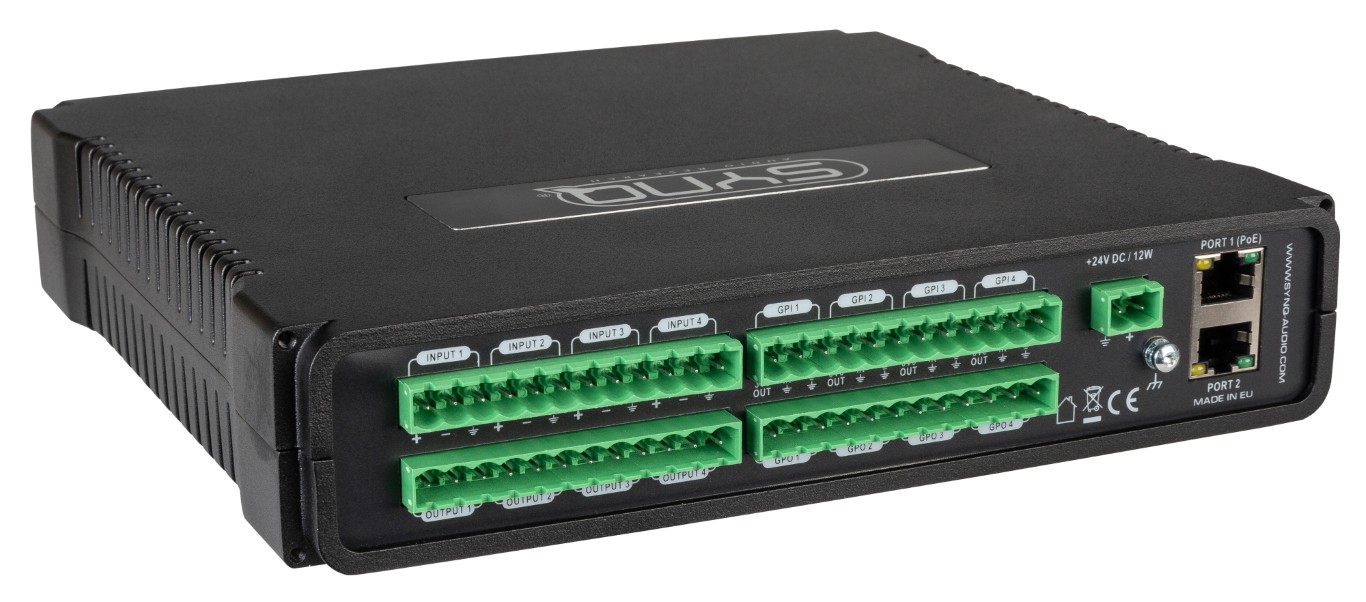 Hoogwaardige analoge / DANTE®-netwerkaudiobrug met AES67-ondersteuning voor vaste installatie met 4 analoge in- en uitgangen en GPIO-poorten - DBI-44