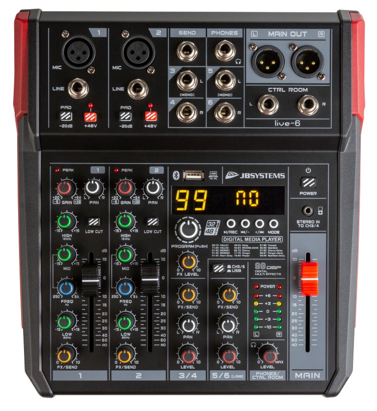 Veelzijdige PA-mixer in een handig compact formaat, 6 ingangen / 4 kanalen - LIVE-6