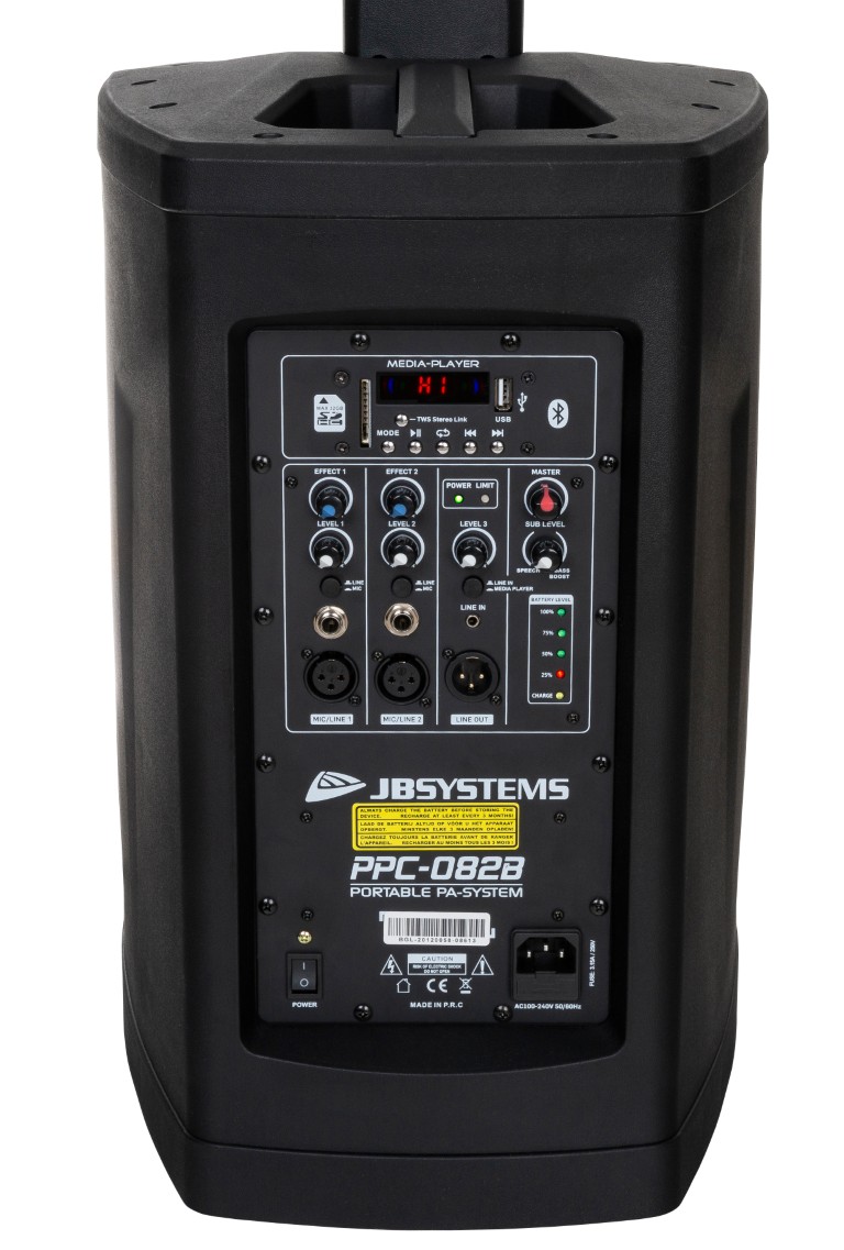 Compact draagbaar kolomluidsprekersysteem met batterij, interne mediaspeler en Bluetooth® - PPC-082B