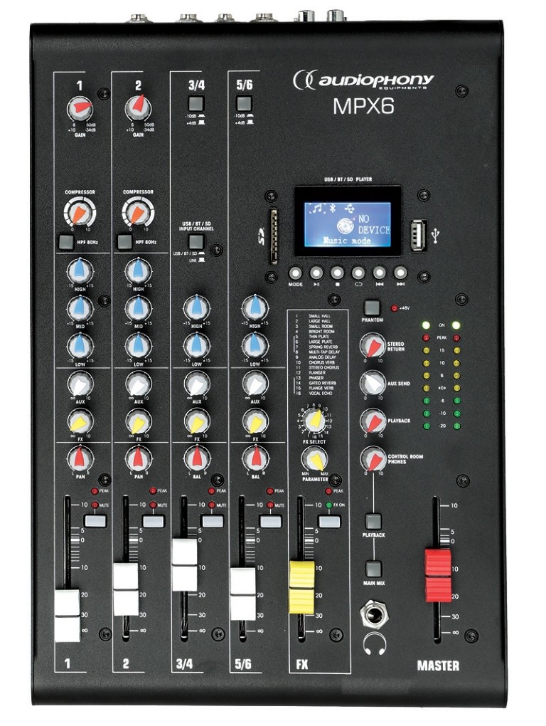 Mengpaneel 6 kanalen met compressie, effecten en USB / SD / Bluetooth Speler - MPX6
