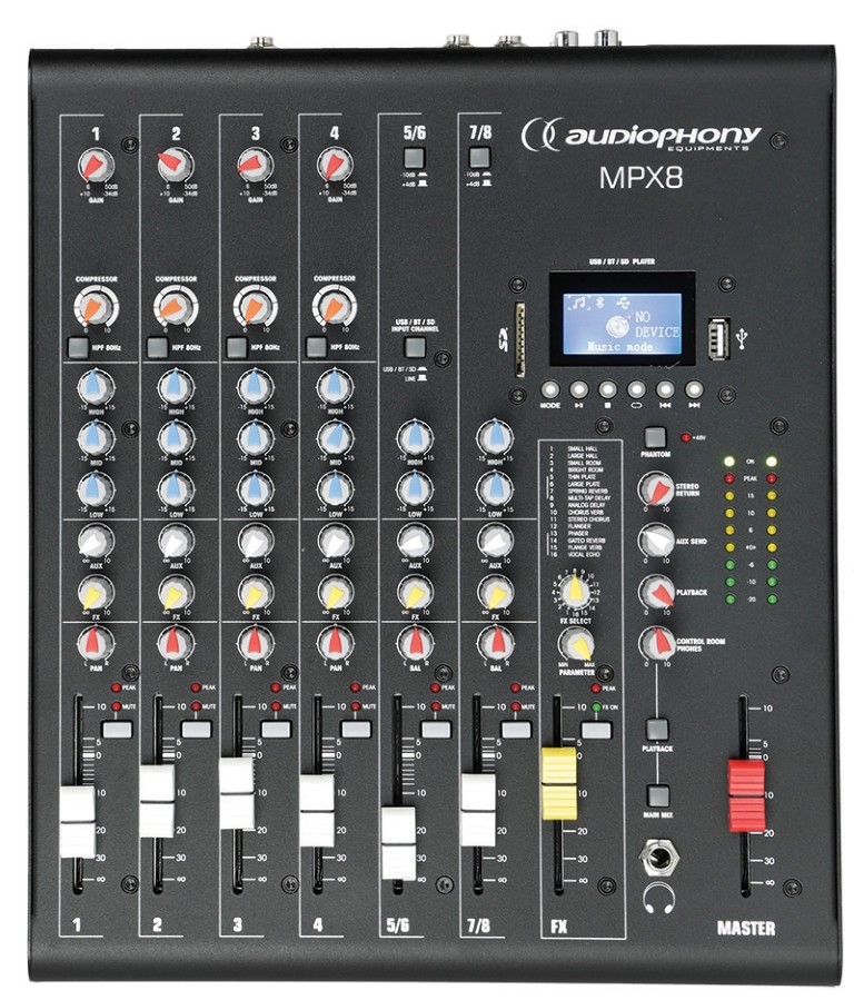 Mengpaneel 8 kanalen met compressie, effecten en USB / SD / Bluetooth Speler - MPX8