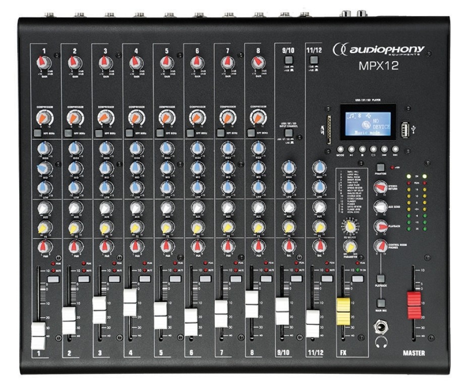 Mengpaneel 12 kanalen met compressie, effecten en USB / SD / Bluetooth Speler - MPX12