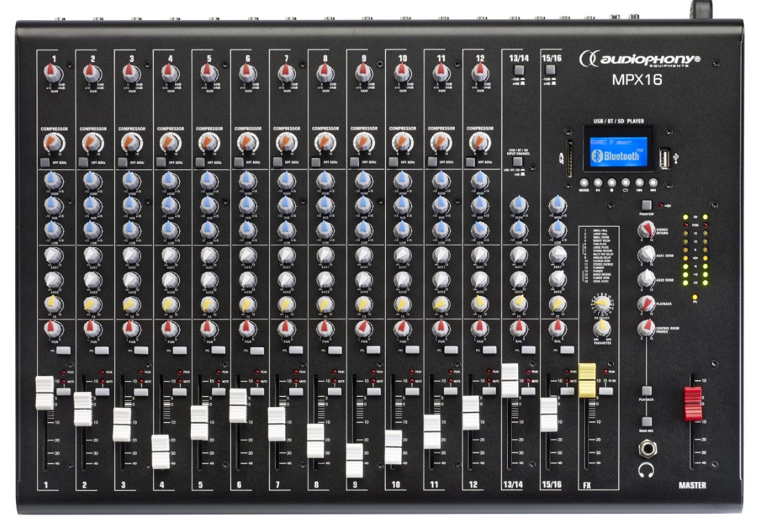 Mengpaneel 16 kanalen met compressie, effecten en USB / SD / Bluetooth Speler - MPX16