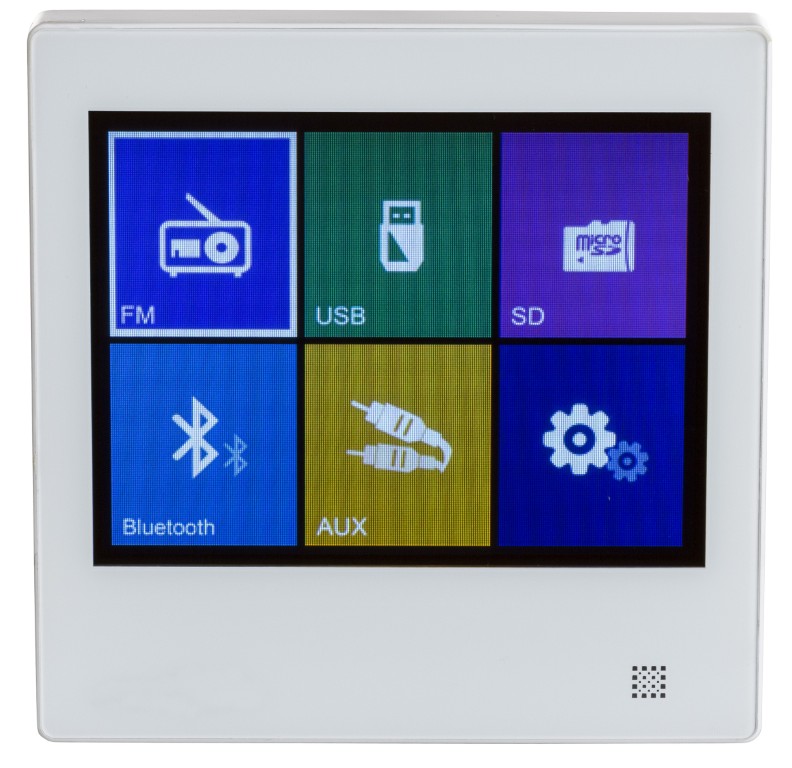 2x 10W wandversterker met touchscreen: FM, SD, USB, BLUETOOTH, AUX-IN en lijnuitgang - WALLAMPtouch