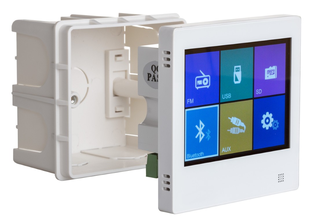 2x 10W wandversterker met touchscreen: FM, SD, USB, BLUETOOTH, AUX-IN en lijnuitgang - WALLAMPtouch