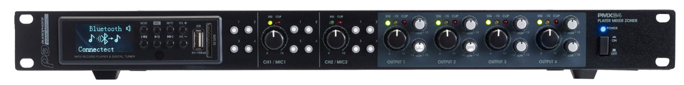 Mixer met 2 ingangen / 4 uitgangen en USB / SD / TUNER / Bluetooth multimediaspeler - PMX34