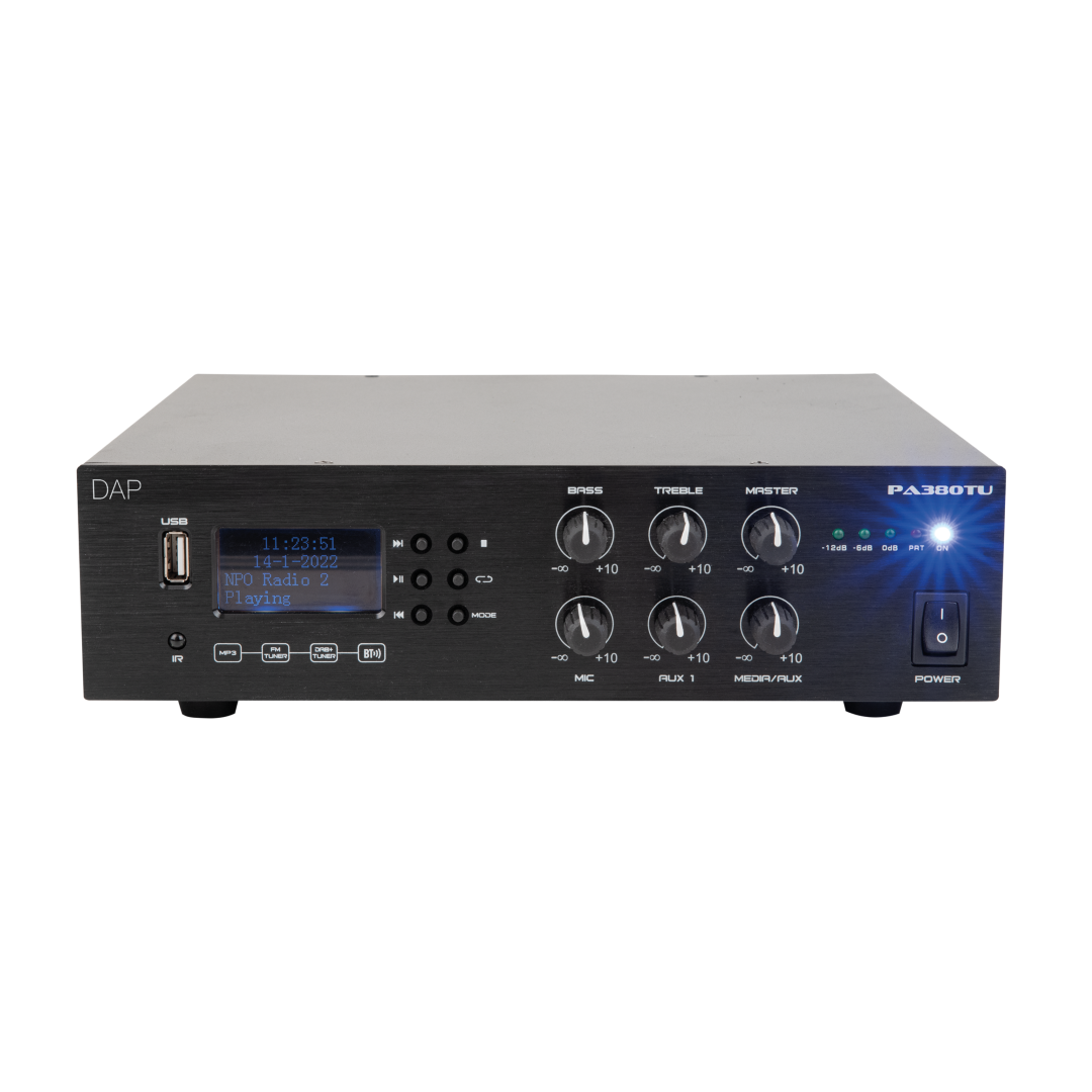 PA-380TU 80 W 100 V Amplifier Bluetooth 5.0, USB, Microfoon (6.3 mm jack), AUX (RCA/tulp) en FM radio