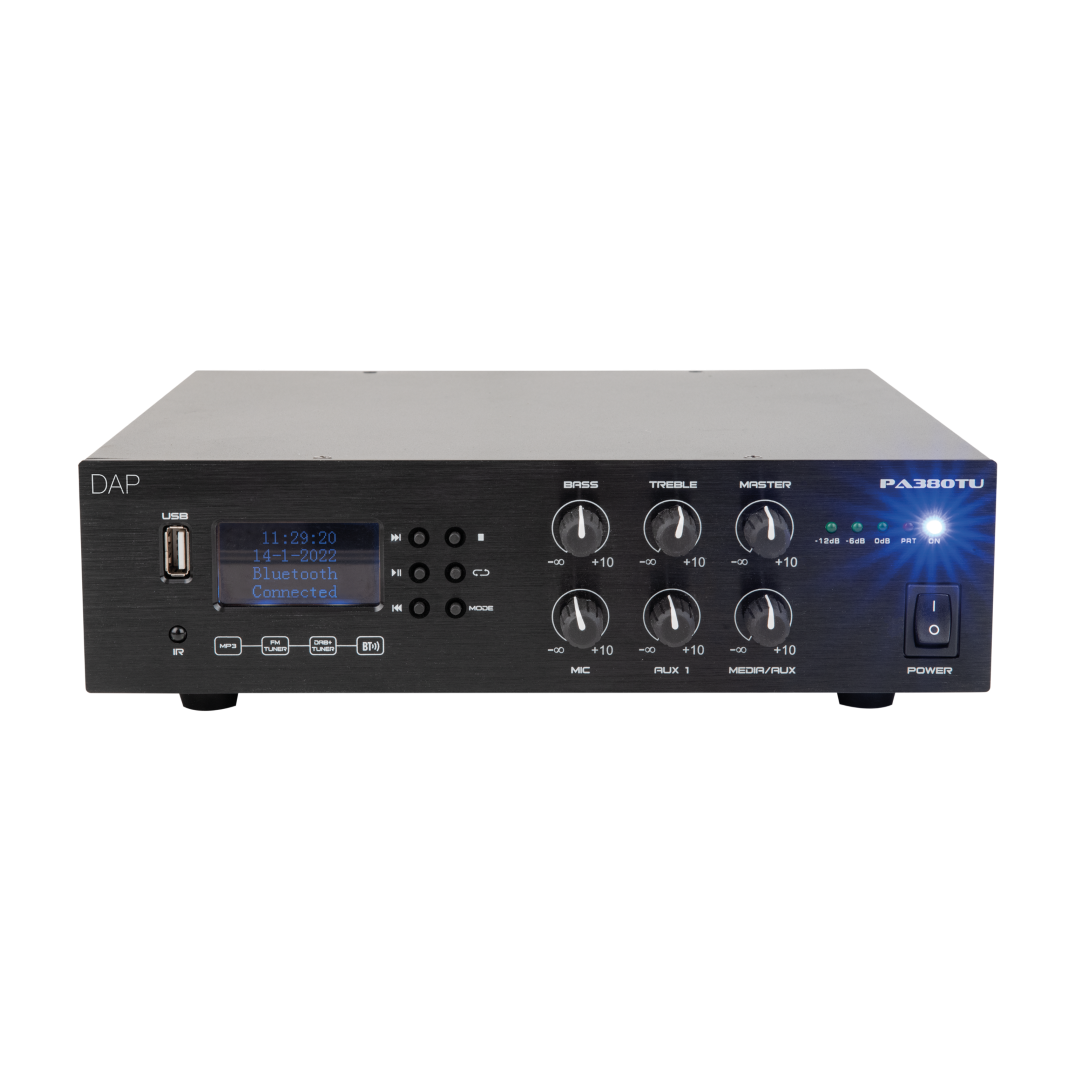 PA-380TU 80 W 100 V Amplifier Bluetooth 5.0, USB, Microfoon (6.3 mm jack), AUX (RCA/tulp) en FM radio
