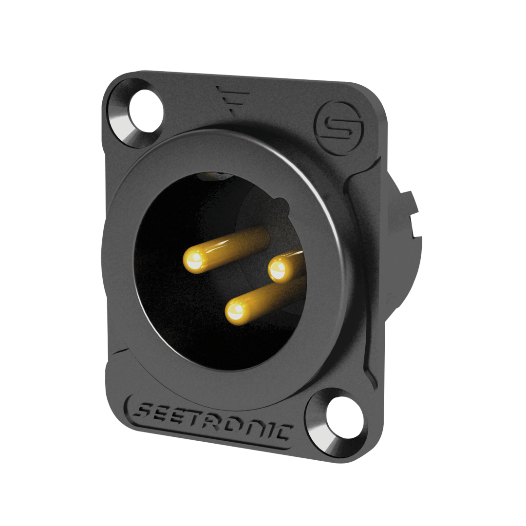 XLR 3P Chassis - male Vergulde contacten - zwarte behuizing