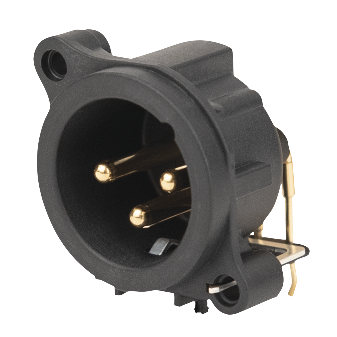 XLR 3-pin male chassis Verguld - horizontale PCB bevestiging - IP40 - zwart
