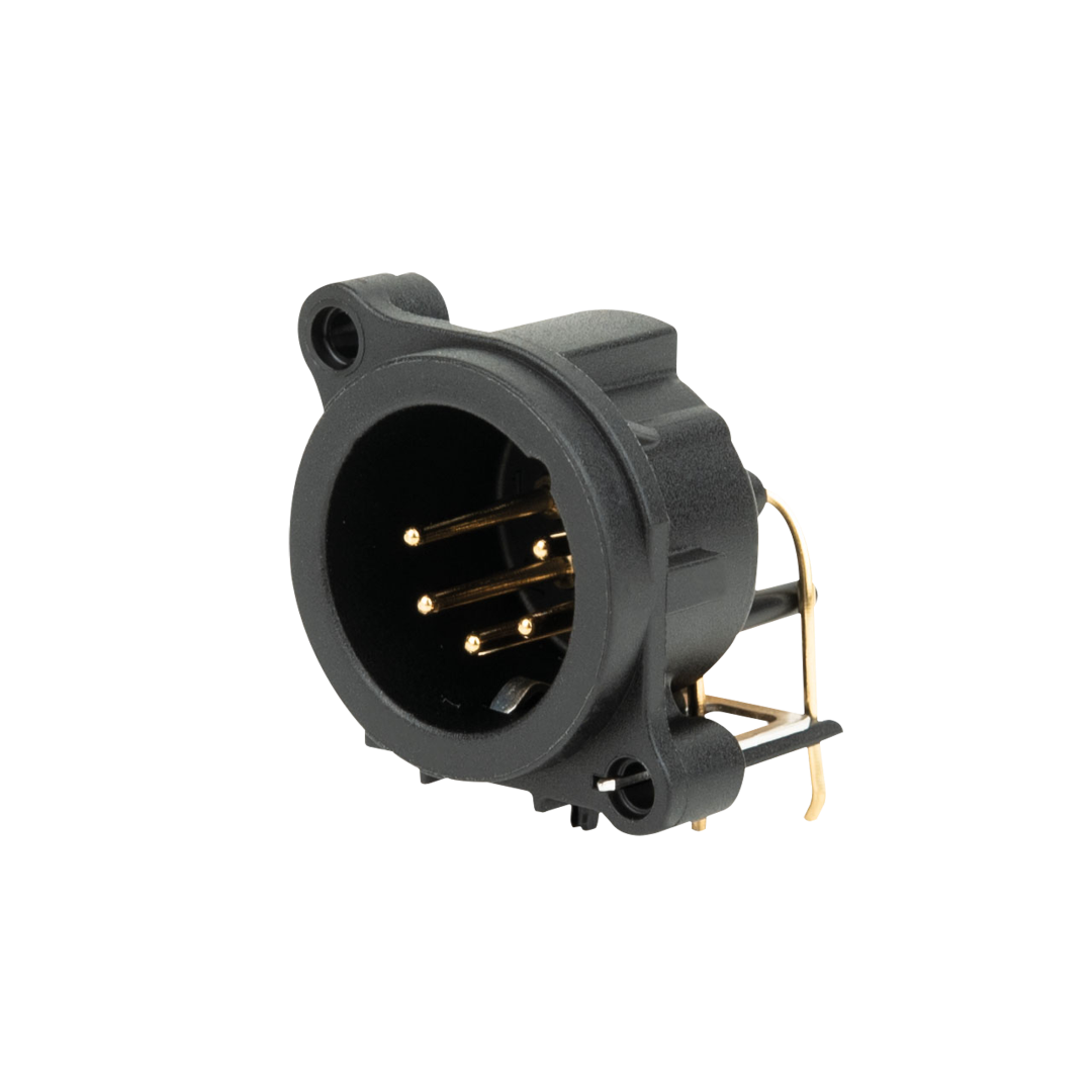 XLR 5-pin male chassis Verguld - horizontale PCB bevestiging - IP40 - zwart
