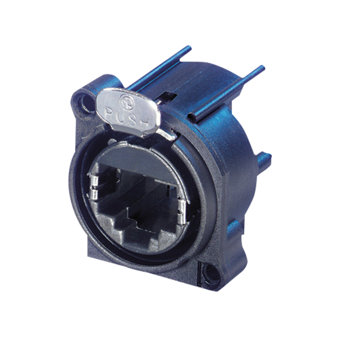 etherCON D-size PCB mount Feedthrough receptacle in D-flens met het veilige vergrendelingssysteem. Kunststof
