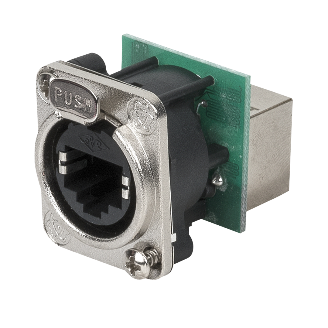 Ethernet RJ45 D-size Chassis Doorvoeradapter in een D-vormige metalen flens met vergrendelingssysteem. Nikkel