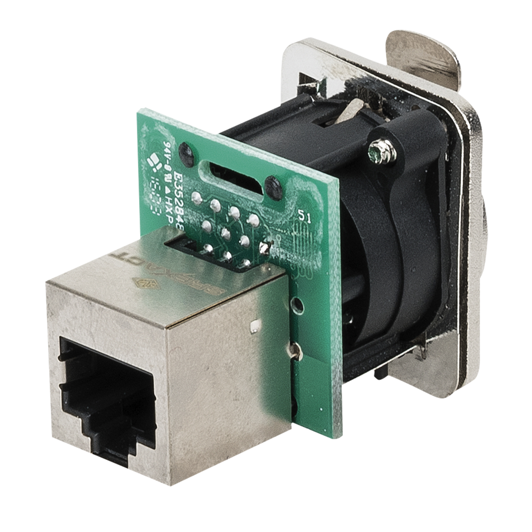 Ethernet RJ45 D-size Chassis Doorvoeradapter in een D-vormige metalen flens met vergrendelingssysteem. Nikkel