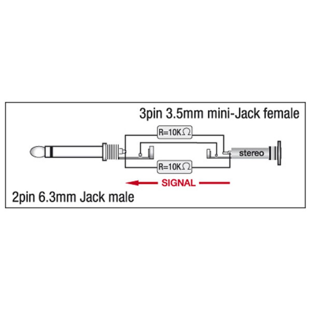 XGA10 - Jack/M mono to mini-jack/F - 90° - incl. 2x 10 kilo-Ohm resistors Incl. 2 x 10 kilo-Ohm weerstanden