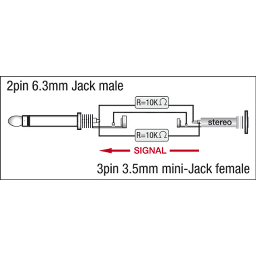 XGA11 - Jack/M mono to mini-jack/F - incl. 2x 10 kilo-Ohm resistors Incl. 2 x 10 kilo-Ohm weerstanden
