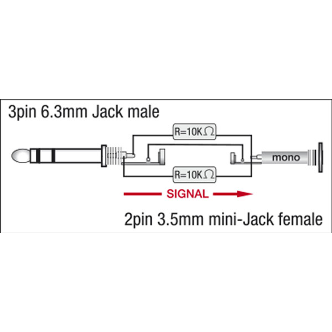 XGA12 - Jack/M stereo to mini-jack/F - incl. 2x 10 kilo-Ohm resistors Incl. 2 x 10 kilo-Ohm weerstanden