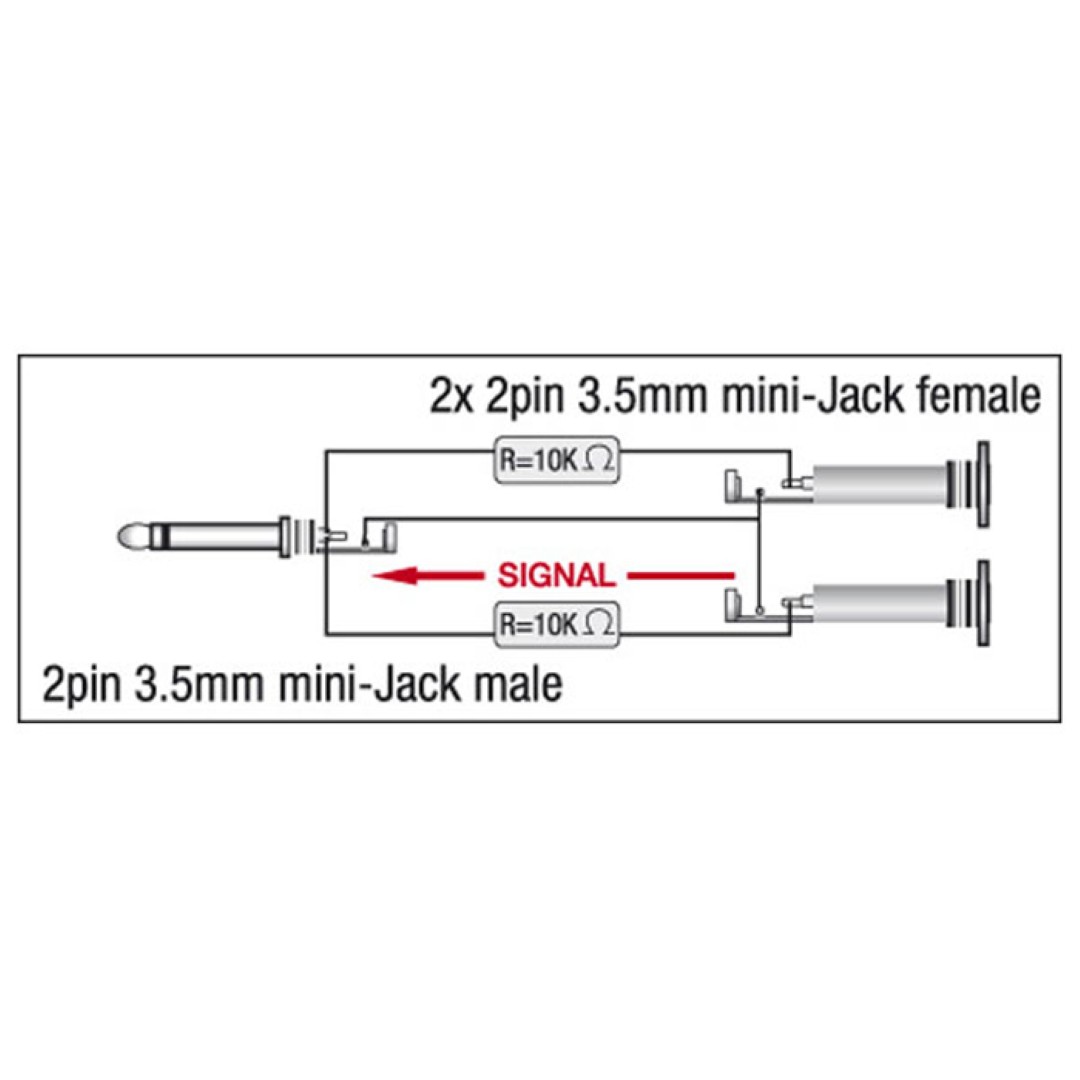 XGA40 - mini-jack/M to 2 x mini-jack/F - incl. 2 x 10 kilo-Ohm resistors Incl. 2 x 10 kilo-Ohm weerstanden