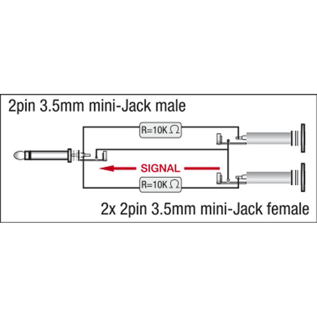 XGA40 - mini-jack/M to 2 x mini-jack/F - incl. 2 x 10 kilo-Ohm resistors Incl. 2 x 10 kilo-Ohm weerstanden