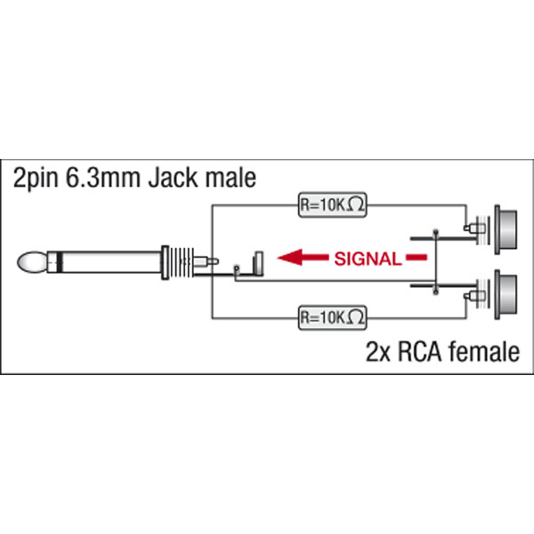XGA41 - Jack/M mono to 2 x RCA/F - incl. 2 x 10 kilo-Ohm resistors Incl. 2 x 10 kilo-Ohm weerstanden